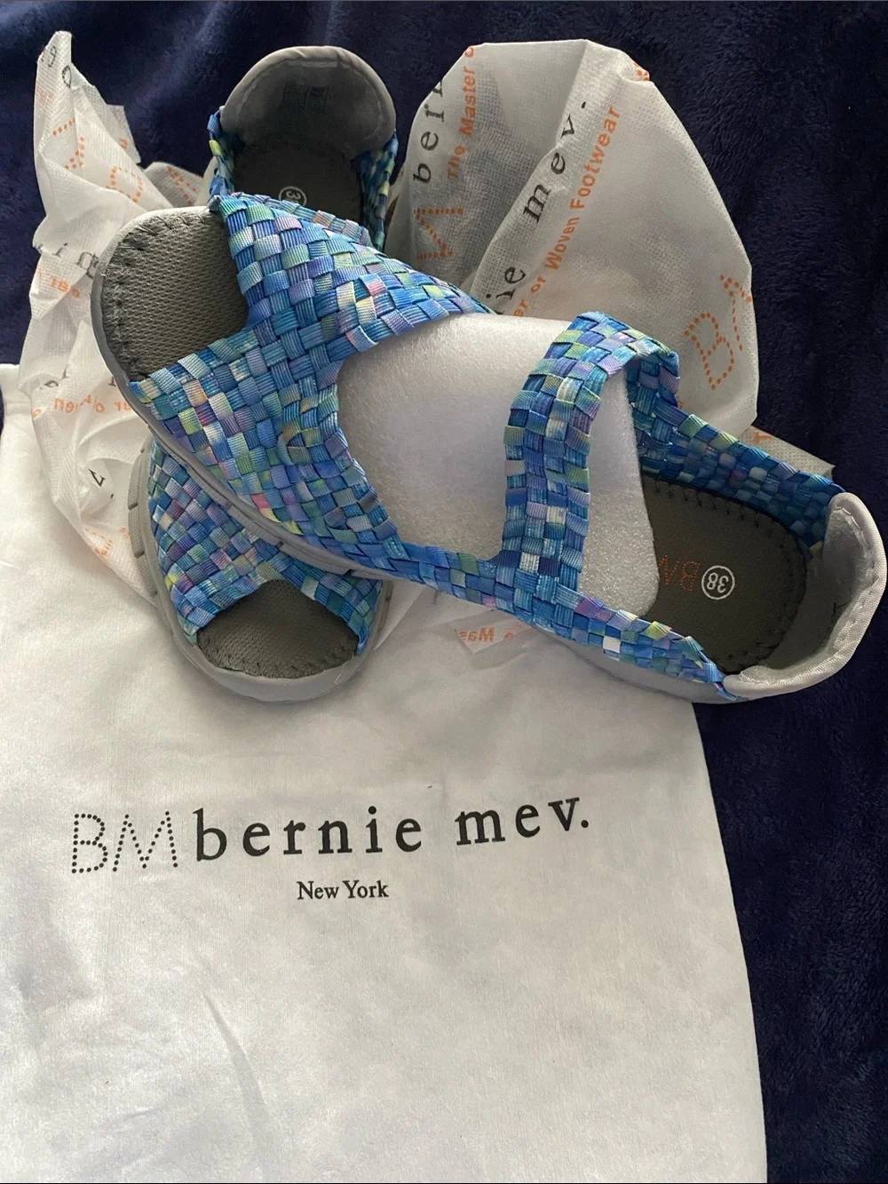 Bernie Mev Blue Multi Woven Elastic Sandals